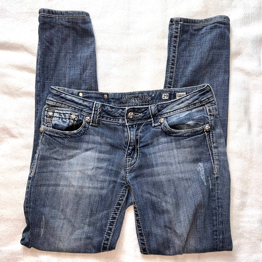 Miss Me Faded Blue/Distressed Cross Embroidered BackPocket Skinny Jeans-29